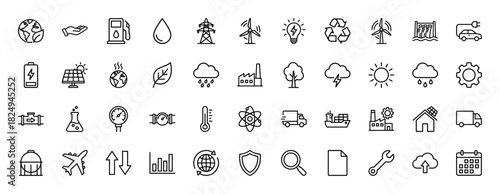 Ecology and industrial energy line icon set. Vector pictograms of wind turbine, solar panel, water drop, factory, and electric car, thin linear illustration.