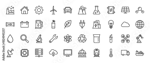 Technology and industry line icon set. Vector pictograms of engineering, energy, science, and transportation elements, thin linear illustration.