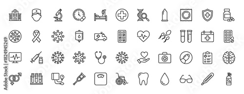 Medical healthcare line icon set. Vector pictograms of hospital, stethoscope, syringe, virus, and pharmacy, thin linear illustration.