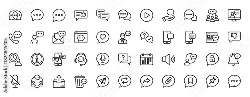 Communication and messaging line icon set. Vector pictograms of chat bubbles, phone, email, support, feedback, voice, notification and share, thin linear illustration.