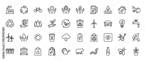 Ecology and environmental protection line icon set. Vector pictograms of recycling, renewable energy, and nature symbols, thin linear illustration.