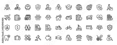 Insurance and protection line icon set. Vector pictograms of house, car, health, travel, and financial security, thin linear illustration.