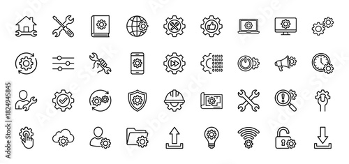 Engineering and setting line icon set. Vector pictograms of gear, wrench, tools, computer, and cloud, thin linear illustration.