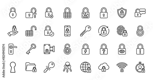 Security and protection line icon set. Vector pictograms of padlocks, keys, fingerprints, and digital safety concepts, thin linear illustration.