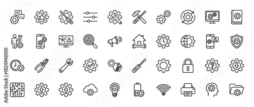 Technical maintenance and settings line icon set. Vector pictograms of gear, wrench, screwdriver, shield, and clock, thin linear illustration.