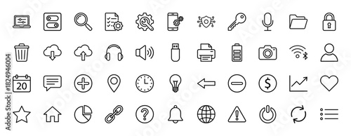 Universal user interface line icon set. Vector pictograms of shield, cloud, camera, location, calendar, chat, finance, home and navigation tools, thin linear illustration.
