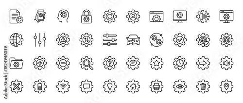 Technology and settings line icon set. Vector pictograms of configuration, management, development, and control, thin linear illustration.
