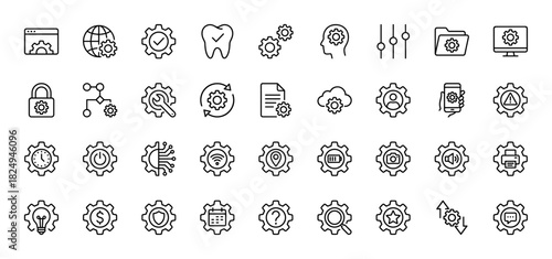 Technology and settings line icon set. Vector pictograms of gear, phone, monitor, folder, and cloud, thin outline illustration.