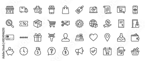 E-commerce and shopping line icon set. Vector pictograms of cart, package, coupon, mobile store, and delivery, thin linear illustration.