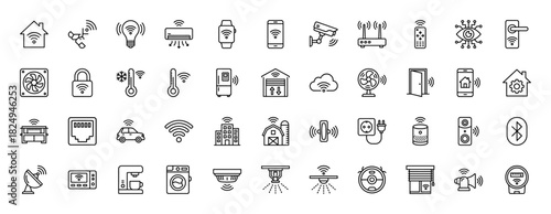Smart home and internet of things line icon set. Vector pictograms of security camera, wifi, appliances, and sensors, thin linear illustration.