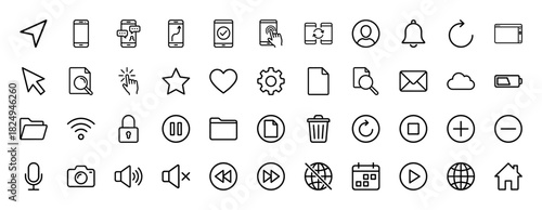 User interface and web navigation line icon set. Vector pictograms of settings, battery, search, camera, and cloud, thin linear illustration.