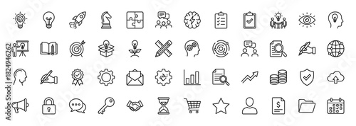 Business line icon set. Vector pictograms of idea, teamwork, success, strategy, goal, analysis, and management, thin linear illustration.