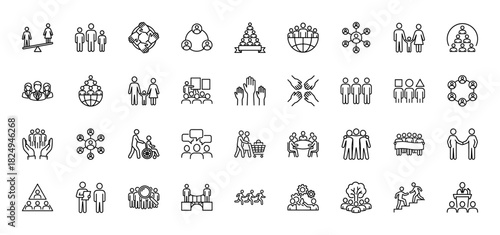 Social and community line icon set. Vector pictograms of teamwork, relationships, connection, and collaboration, thin linear illustration.