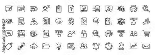 Business management and marketing line icon set. Vector pictograms of analytics, finance, team, support, rating, strategy, calendar, report, thin linear illustration.