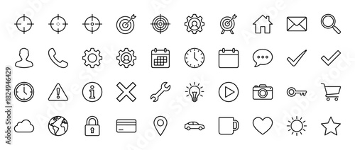 Business and user interface line icon set. Vector pictograms of target, calendar, settings, shopping cart, and clock, thin linear illustration.