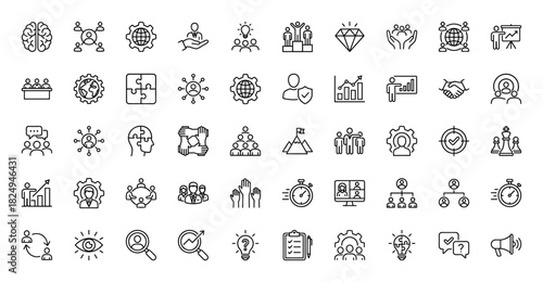Business line icon set. Vector pictograms of teamwork, leadership, strategy, problem-solving, and communication, thin linear illustration.