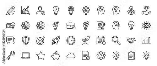 Business and strategy line icon set. Vector pictograms of idea, finance, growth, analysis, and solution, thin linear illustration.