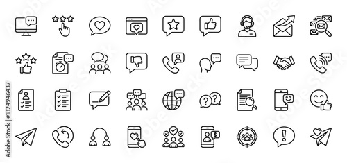 Communication and feedback line icon set. Vector pictograms of review stars, chat bubbles, handshake, and phone calls, thin linear illustration.