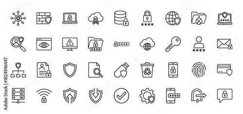 Cyber security line icon set. vector pictograms of padlock, shield, data cloud, folder, and database, thin linear illustration.