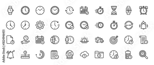 Time management line icon set. Vector pictograms of clock, calendar, stopwatch, delivery, deadline, and planning, thin linear illustration.