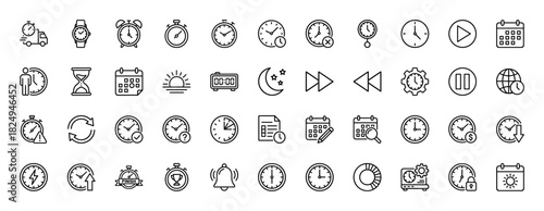 Time management and scheduling line icon set. Vector pictograms of clocks, calendars, stopwatches, and delivery time, thin linear illustration.