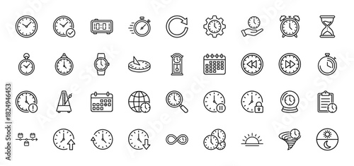 Time and clock line icon set. Vector pictograms of alarm, stopwatch, calendar, hourglass, and wristwatch, thin linear illustration.