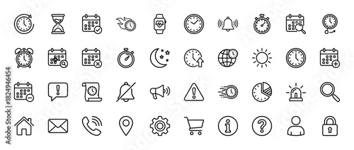 Time management and alert line icon set. Vector pictograms of clock, calendar, stopwatch, bell, and warning signs, thin linear illustration.
