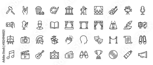 Arts and entertainment line icon set. Vector pictograms of painting palette, music notes, camera, film, and theater masks, thin linear illustration.