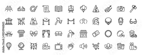 Culture and entertainment line icon set. Vector pictograms of museum, theater, art, music, and performance, thin linear illustration.