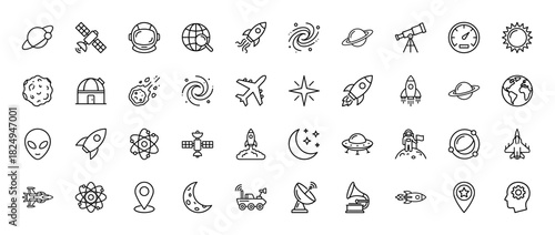 Space and astronomy line icon set. Vector pictograms of planet, rocket, astronaut, galaxy, and satellite, thin linear illustration.