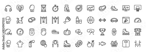 Fitness and health line icon set. Vector pictograms of boxing gloves, stopwatch, dumbbell, basketball, and roller skates, thin linear illustration.