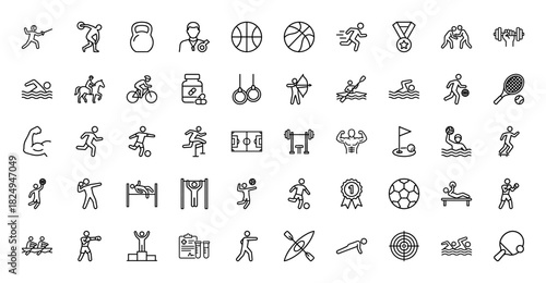 Sport and fitness line icon set. Vector pictograms of running, swimming, weightlifting, cycling, and martial arts, thin linear illustration.