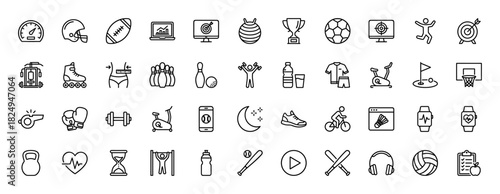 Sport and fitness line icon set. Vector pictograms of basketball, football, weights, smart watch, cycling, and exercise equipment, thin linear illustration.