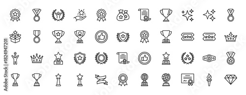 Award and achievement line icon set. Vector pictograms of trophies, medals, ribbons, crowns, and certificates, thin linear illustration.
