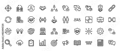 Business and collaboration line icon set. Vector pictograms of handshake, gear, analytics, and partnership, thin linear illustration.