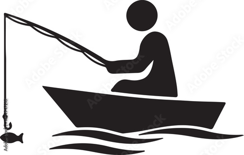 Stylized person in a boat holding a fishing rod with a hooked fish. icon representing leisure, hobby, sport fishing and outdoor recreation activity.