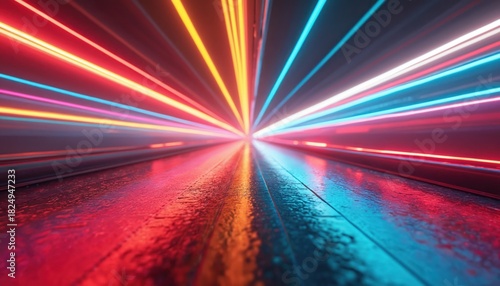 Fototapeta Naklejka Na Ścianę i Meble -  Abstract digital background features bright neon light lines. Colorful rays create speed tunnel effect, moving fast. Glowing streaks reflect on wet ground, creating dynamic energy. Modern tech, cyber