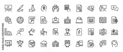Education and knowledge line icon set. Vector pictograms of graduation, science, learning, and research, thin linear illustration.