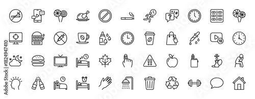 Health, wellness, and addiction line icon set. Vector pictograms of smoking, time, sleep, food, and prohibited activities, thin linear illustration.