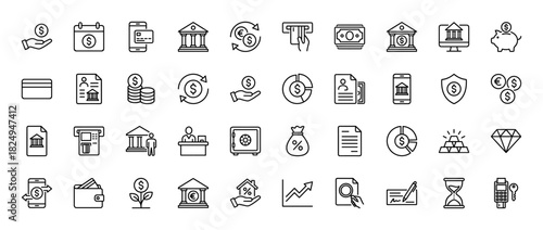 Finance and banking line icon set. Vector pictograms of atm, bank building, money, wallet, and credit card, thin linear illustration.