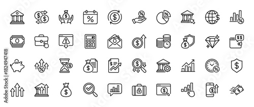 Finance and banking line icon set. Vector pictograms of money, investments, growth, and savings, thin linear illustration.