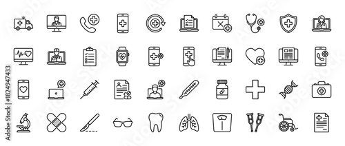 Medical and healthcare line icon set. Vector pictograms of telemedicine, first aid, syringe, heart monitor, and laboratory equipment, thin linear illustration.