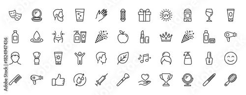 Beauty, health, and personal care line icon set. Vector pictograms of lipstick, comb, makeup mirror, hairdryer, and deodorant, thin linear illustration.