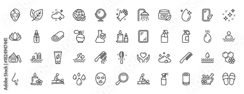 Spa and beauty line icon set. Vector pictograms of shower, massage, makeup mirror, and skincare products, thin linear illustration.