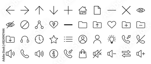 Interface and user experience line icon set. Vector pictograms of home, file, arrows, phone calls, sound, and settings, thin linear illustration.