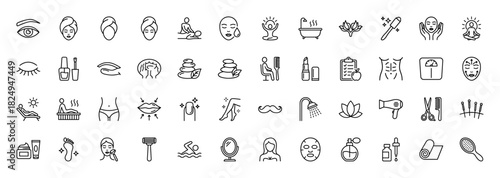 Beauty and wellness line icon set. Vector pictograms of spa treatments, body care, makeup, and relaxation, thin linear illustration.