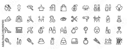 Beauty and fashion outline icon set. Vector pictograms of perfume, makeup, jewelry, and accessories, thin linear illustration.