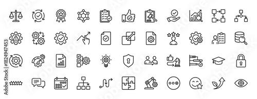 Business management and quality control line icon set. Vector pictograms of settings, checklist, gear, checkmark, and data analysis, thin linear illustration.