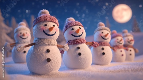 Wallpaper Mural Cheerful snowmen celebrate winter under the moonlight sky Torontodigital.ca