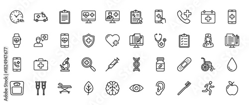 Medical healthcare line icon set. Vector pictograms of syringe, brain, heart, stethoscope, and ambulance, thin linear illustration.